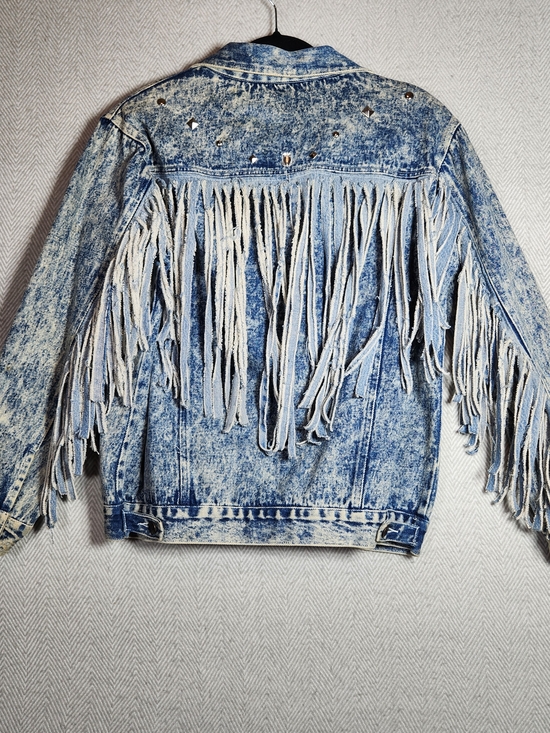 no brand Jackets & Blazers - Vintage 80s Fringe Acid-Wash Blue Denim Jacket Studs Beads M/L See  Pics